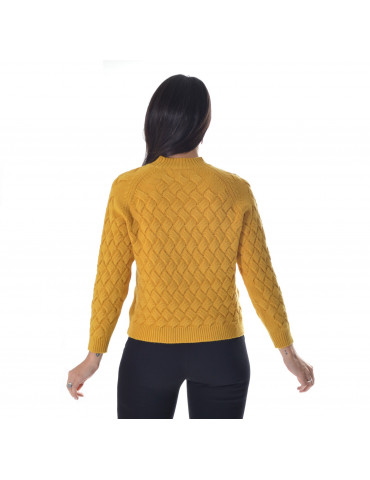 WHITE WISE - Women's high crewneck sweater with basket weave 1M496