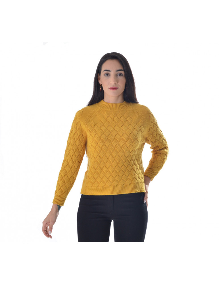 WHITE WISE - Women's high crewneck sweater with basket weave 1M496