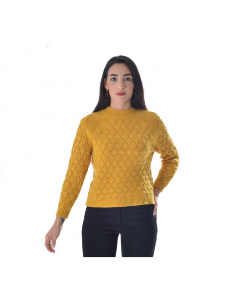 WHITE WISE - Women's high crewneck sweater with basket weave 1M496